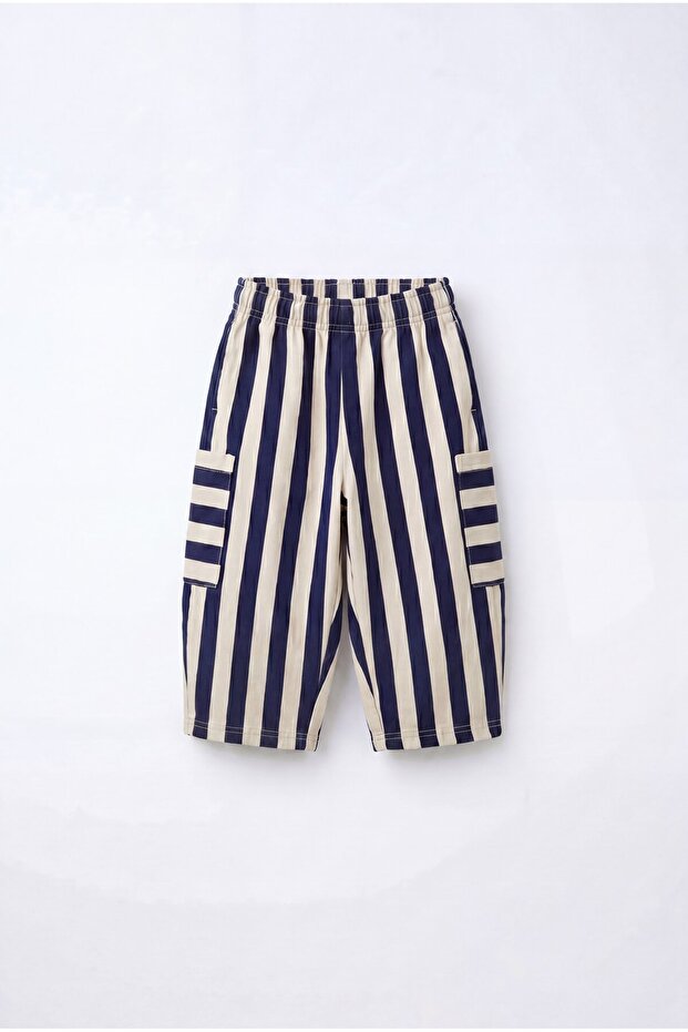 Children's Cotton Navy Blue Striped Cargo Pocket Detailed Tracksuit
