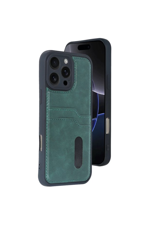Apple iphone 16 pro max case sara leather case with business card holder - dark green