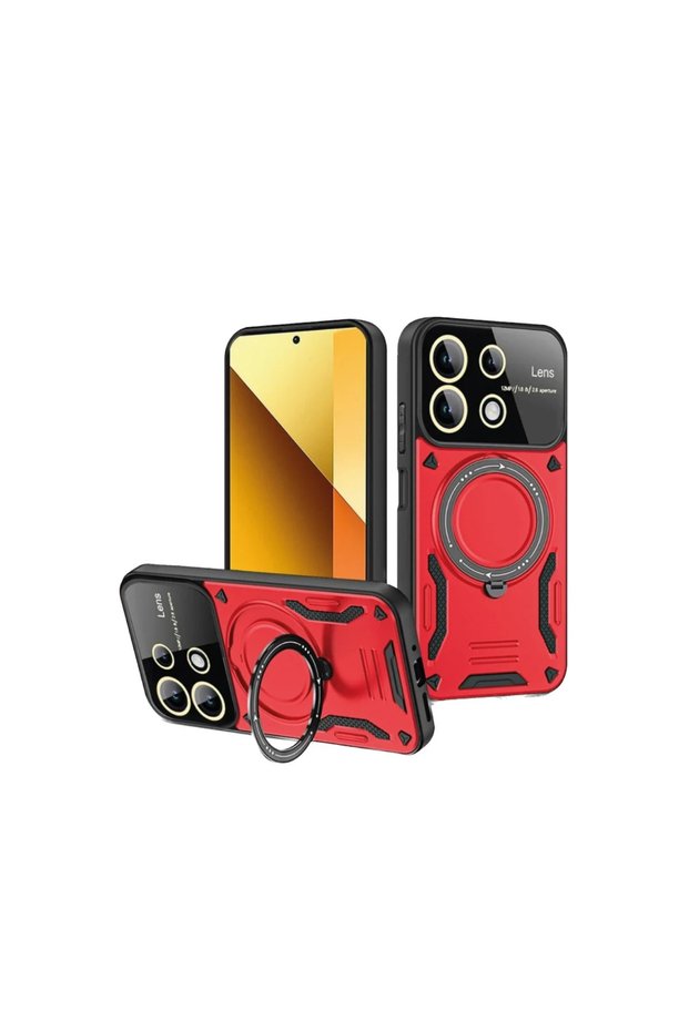 غطاء حماية لهاتف Xiaomi Redmi Note 13 4G مع حامل عدسة جوي - أحمر