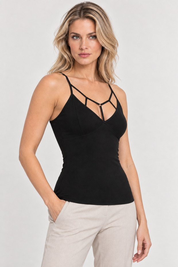 Women's 95% Cotton Cross Strap Detail V-Neck Thin Strap Tank Top - Flexible Soft Everyday Undergarment