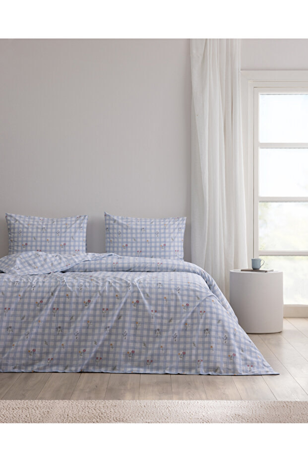 Virginie Double 100% Cotton Ranforce Printed Sheet and Duvet Cover Set - Blue