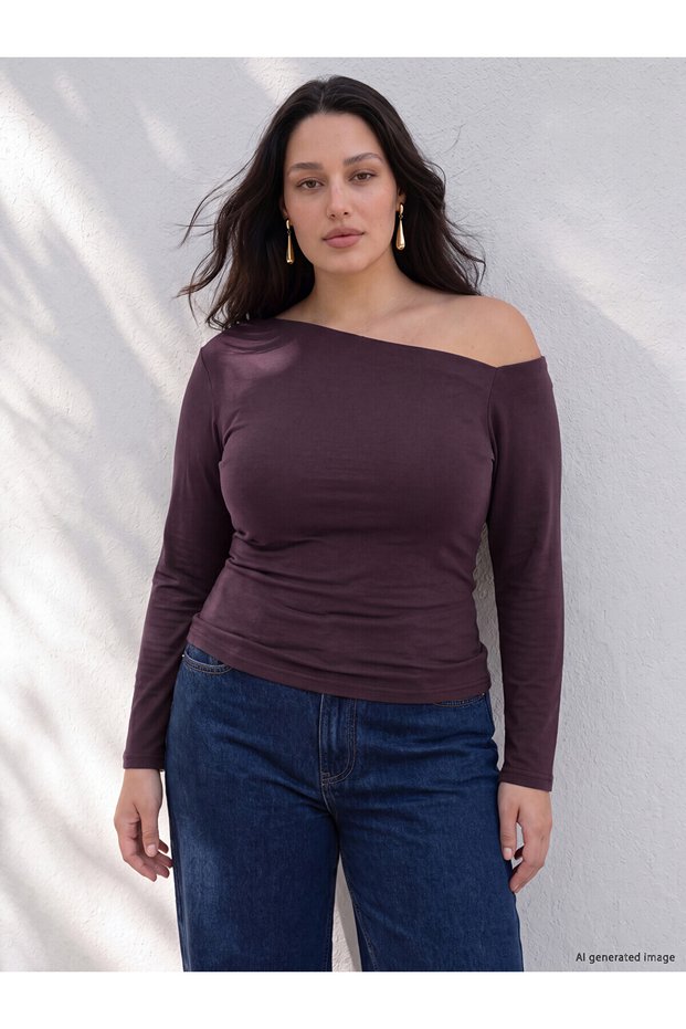 Two Mt Shop Quality Lcw Curve Purple Combed Cotton Plain Boat Neck Long Sleeve Women's Blouse