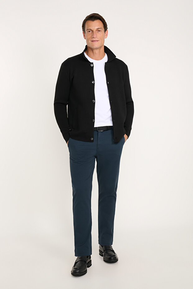 Men's Navy Blue Cotton Tapered Fit Diagonal Patterned Flexible Casual Trousers with Side Pockets