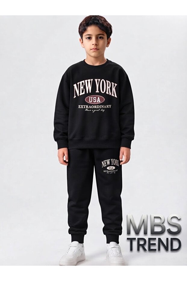 Winter Boys' New York Printed Black Tracksuit Set / Cotton 2 Thread Bottom and Top Set)
