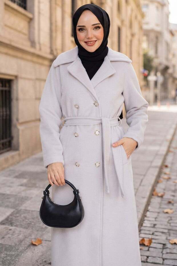 Double-Breasted Collar Belted Angora Coat Cream Hnt2807