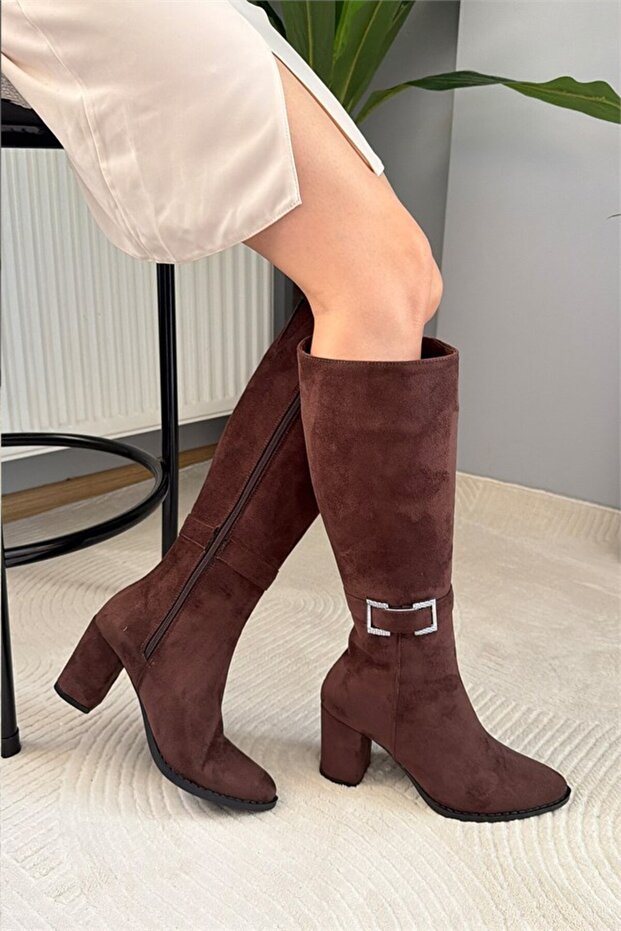 Women's Paris Toaka Detailed Brown Suede Side Zipper Below the Knee Boots 410