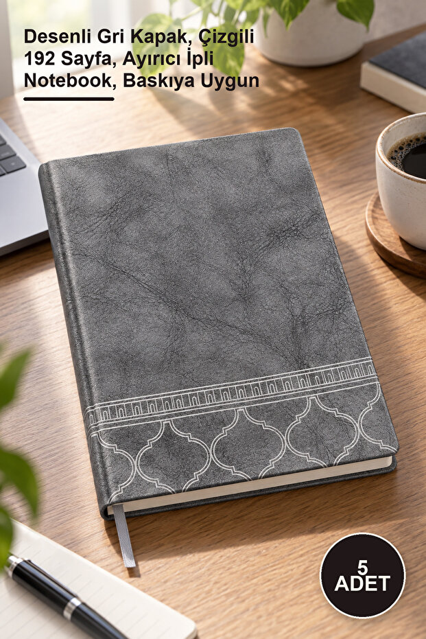 5 Leather Notebooks – Patterned Gray Cover, Lined 192 Pages, Notebook with Separator Straps, Suitable for Printing