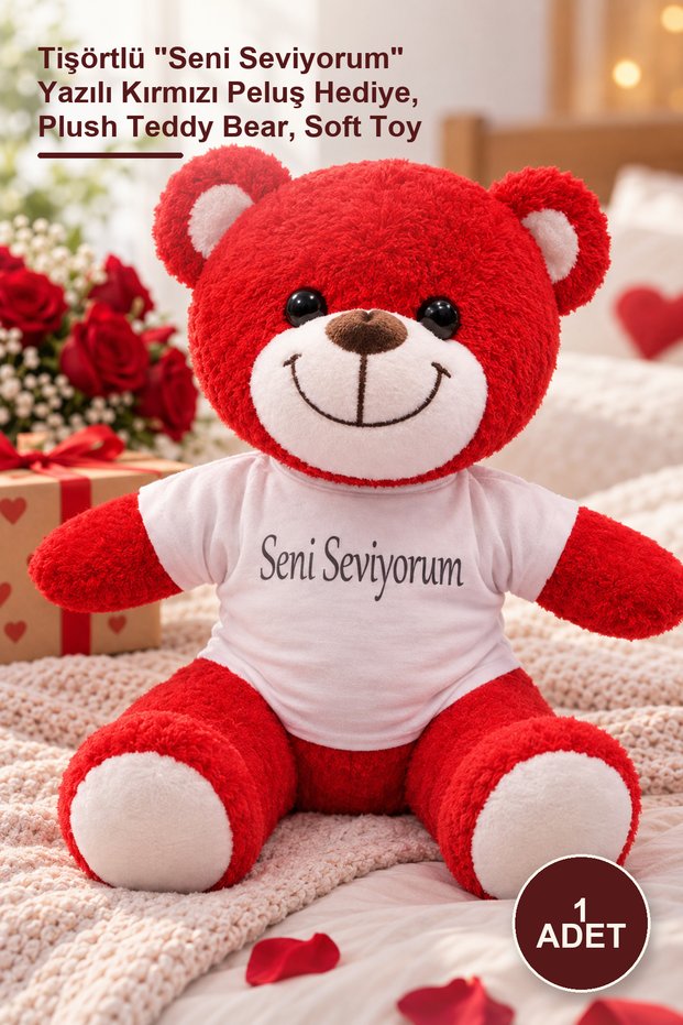 1 Piece Plush Teddy Bear - Red Plush Gift with T-Shirt and "I Love You" Written, Plush Teddy Bear, Soft Toy