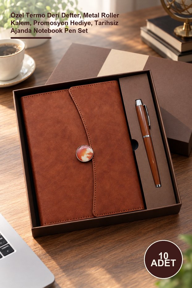 10-Piece Boxed Notebook Pen Set – Special Thermo Leather Notebook, Metal Roller Pen, Promotional Gift, Undated Agenda Notebook Pen Set