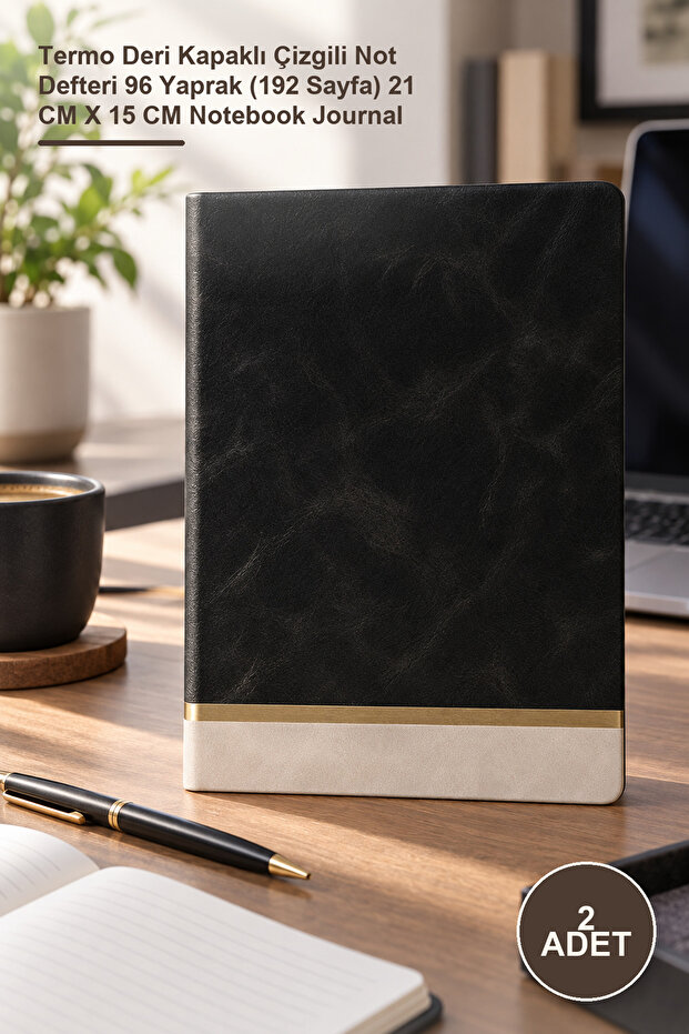 2 Pieces Black Lined Leather Notebook – Lined Notepad with Thermo Leather Cover 96 Sheets (192 Pages) 21 cm X 15 cm Notebook Journal