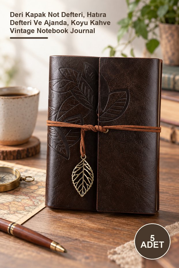 5 Pieces Large Leaf Patterned Leather Notebook – Leather Cover Notepad, Memory Book and Planner, Dark Brown Vintage Notebook Journal