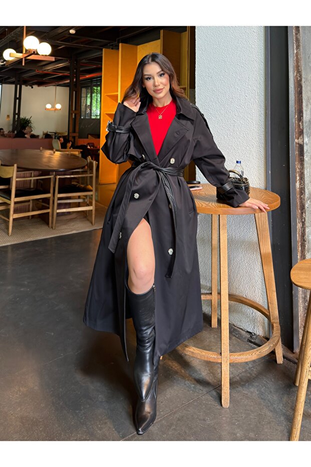 Women's Belted Double-Breasted Collared Long Trench Coat