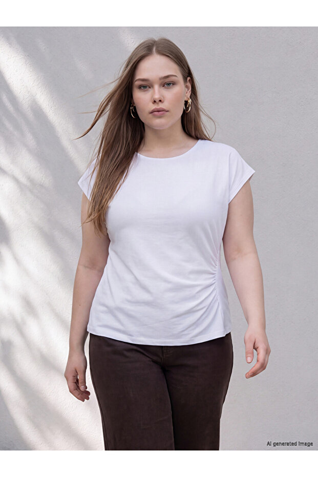 Ozmarka New Season White Plus Size Crew Neck Gathered Blouse