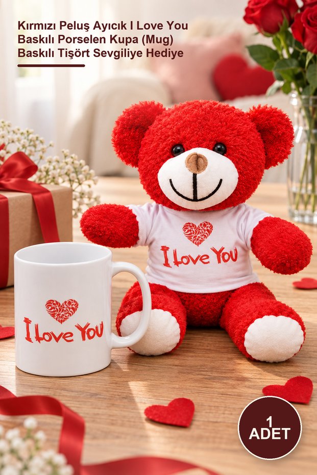 1 Piece Teddy Bear and Mug Gift Set - Red Plush Teddy Bear, I Love You Printed Porcelain Mug, Printed T-Shirt, Gift for Your Loved One
