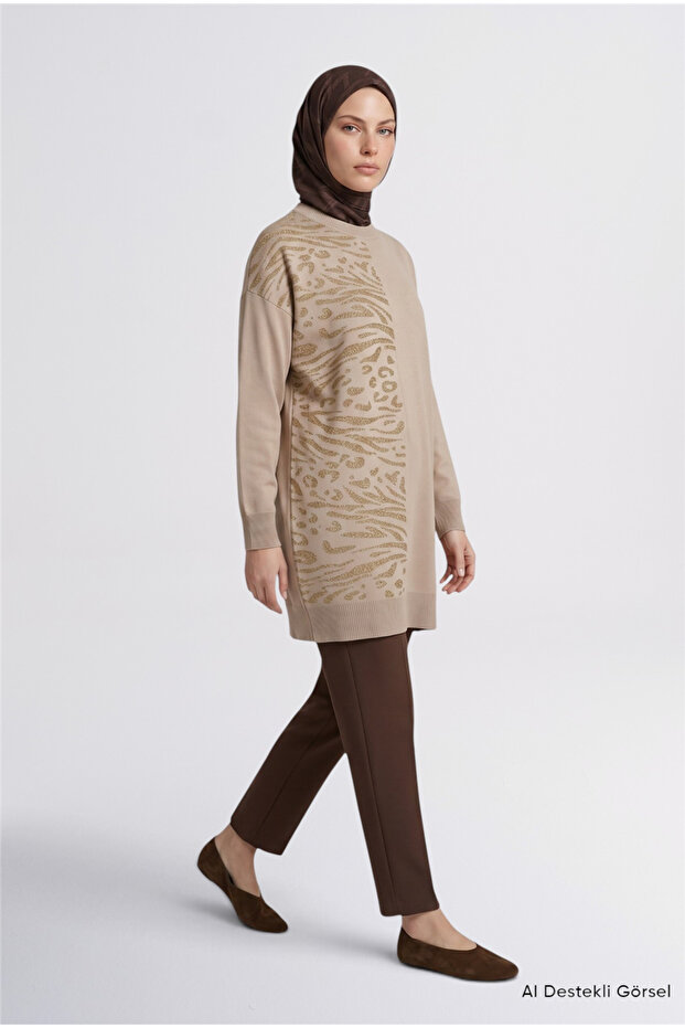 Leopard Patterned Knitwear Tunic Beige