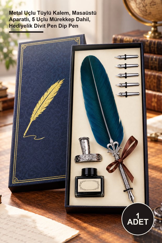 1 Piece Feathered Desktop Dip Pen Set – Feathered Pen with Metal Nib, Desktop Attachment, 5 Nibs of Ink Included, Gift-Dip Pen Dip Pen