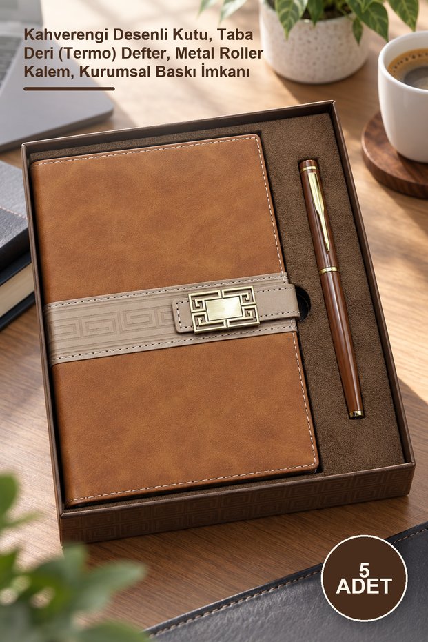 5-Piece Gift Notebook and Pen Set – Brown Patterned Box, Tan Leather (Thermo) Notebook, Metal Rollerball Pen, Corporate Printing Option