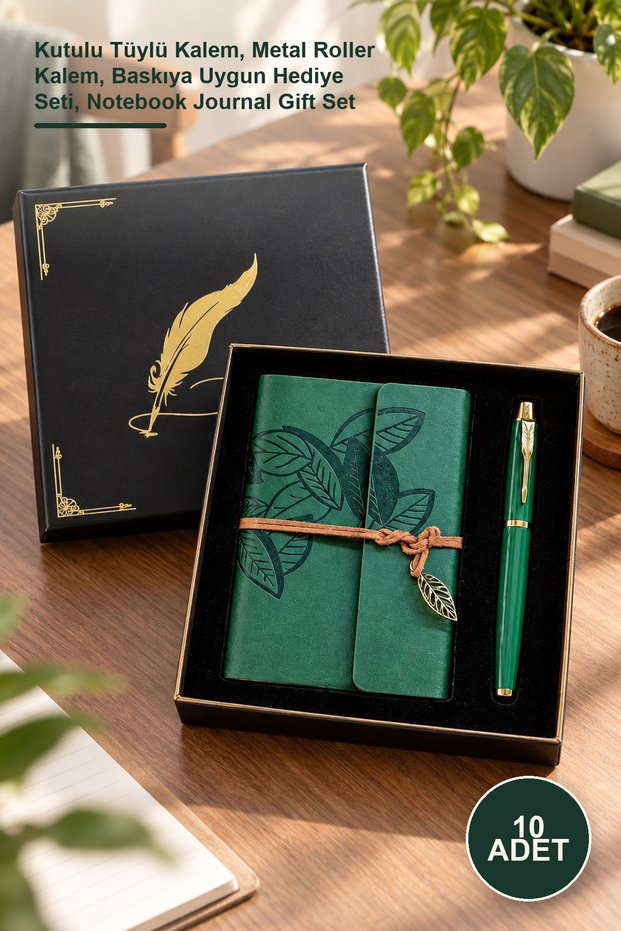 10 Pieces Green Leaf Patterned Leather Notebook Pen Set – Boxed Feather Pen, Metal Roller Pen, Gift Set Suitable for Printing, Notebook Journal Gift Set