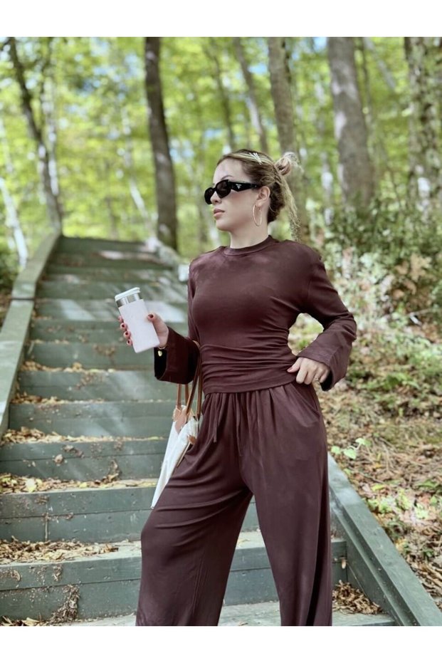 Women's Brown Padded Back Tie Long Sleeve Blouse High Waist Pants Set
