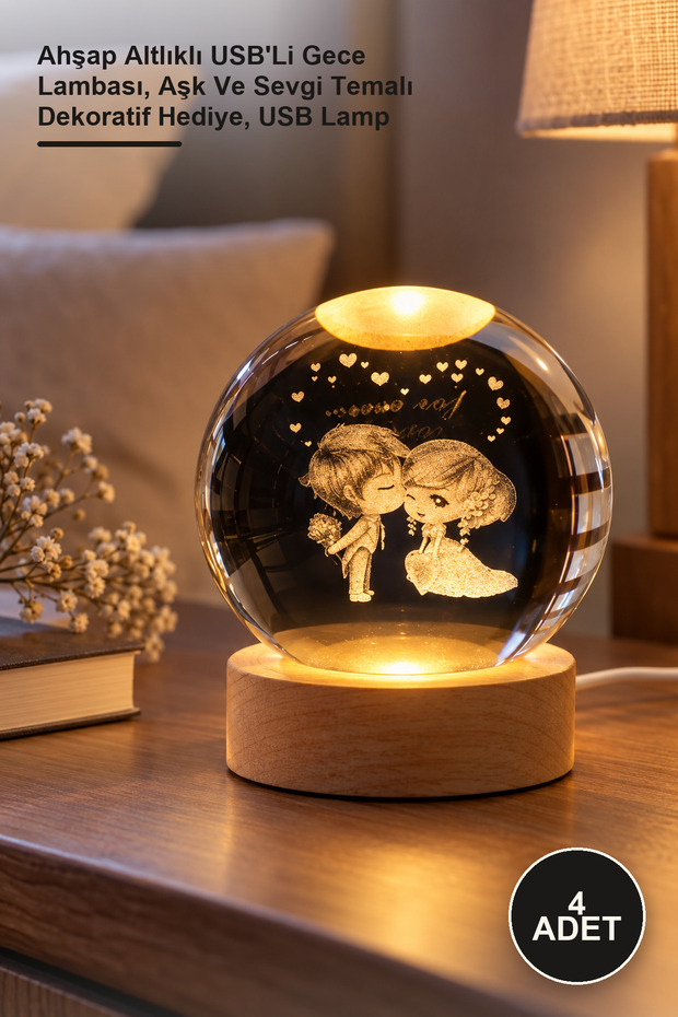 4 Lighted Glass Globes – USB Night Light with Wooden Base, Love and Affection Themed Decorative Gift, USB Lamp