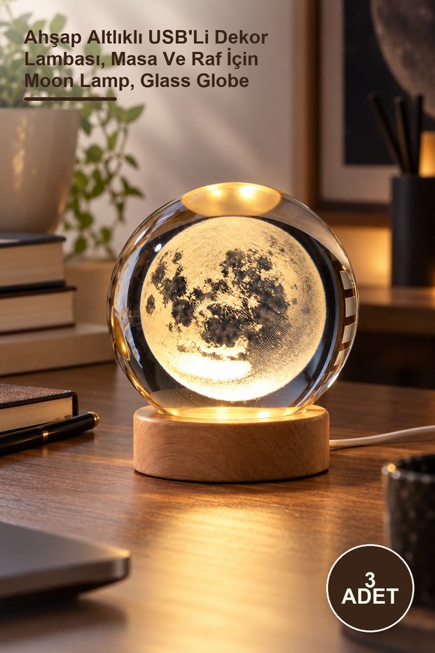 3 Pieces Full Moon Glass Globe – Decorative Lamp with Wooden Base and Usb, Moon Lamp for Table and Shelf, Glass Globe