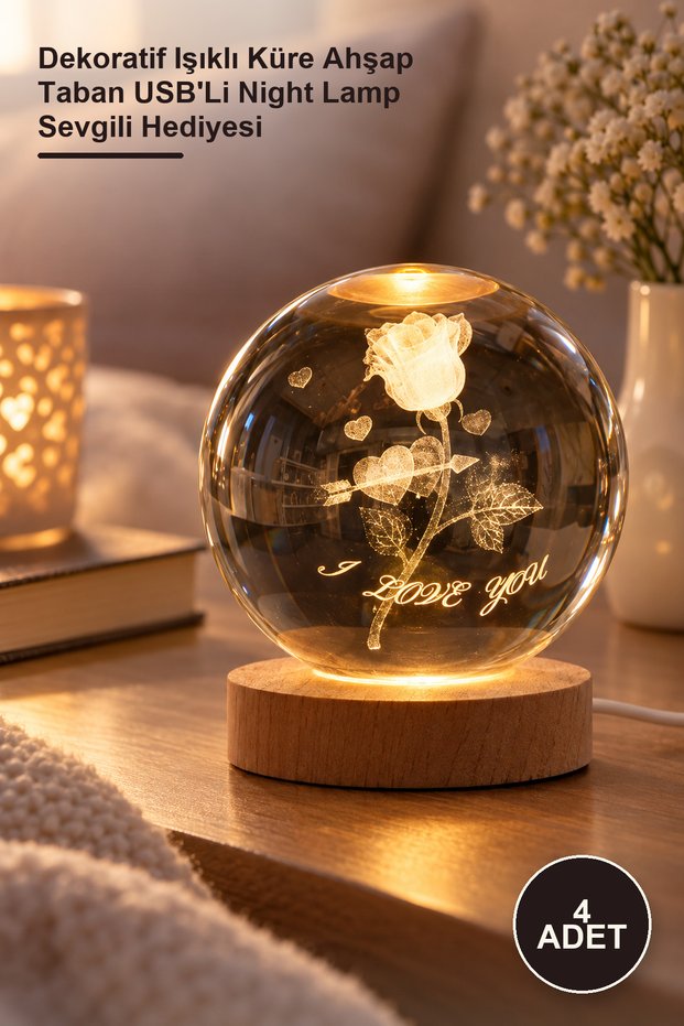 4 Pieces I Love You Glass Globe Night Light - Decorative Illuminated Globe with Wooden Base and USB Night Lamp, Gift for Lovers