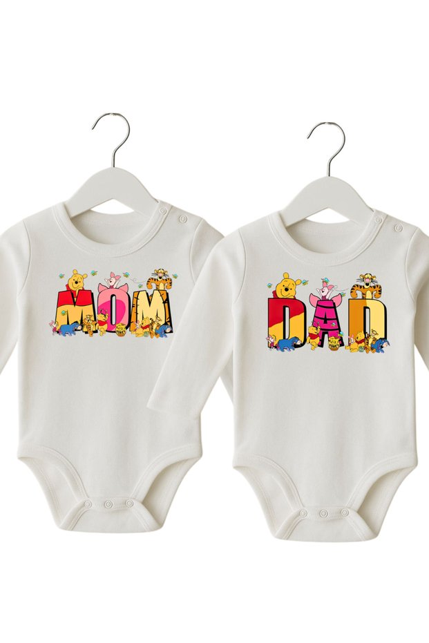 Mom and Dad Themed Printed 2-Piece Long Sleeve Baby Bodysuit Cotton Unisex