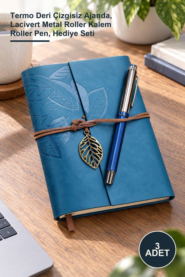3 Pieces Leaf Patterned Leather Notebook and Navy Blue Metal Roller Pen Set – Thermo Leather Unlined Agenda, Navy Blue Metal Roller Pen, Gift Set