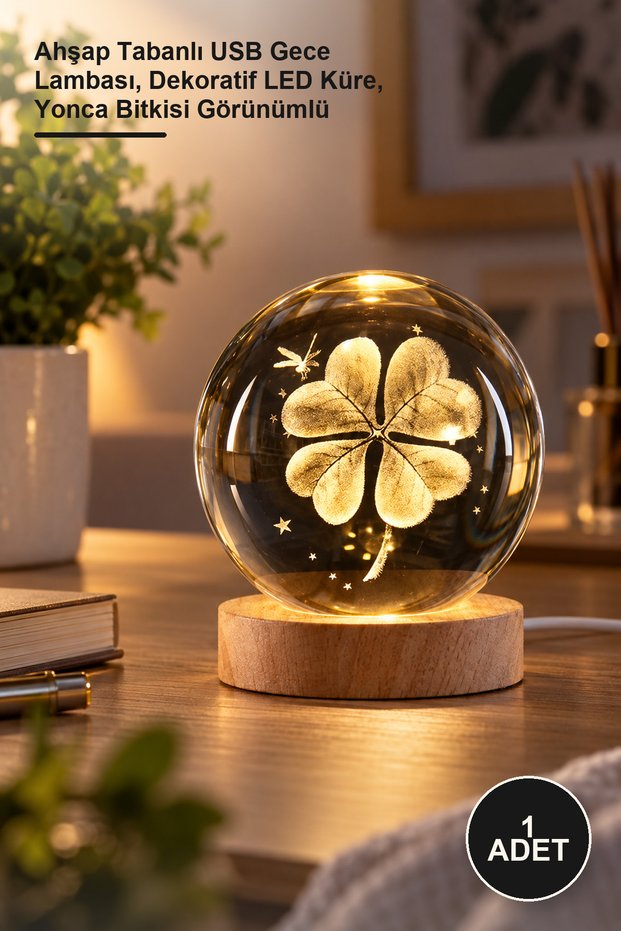 1 Piece Illuminated Clover Design Glass Globe – USB Night Light with Wooden Base, Decorative Led Globe, Looks Like a Clover Plant