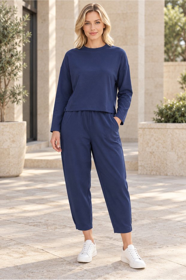Women's Round Neck Textured Off-Shoulder Sweatshirt and Ankle-Length Pants Set Elastic Waist Lycra Flexible Pockets Sporty Stylish Two-Piece Combination Navy Blue
