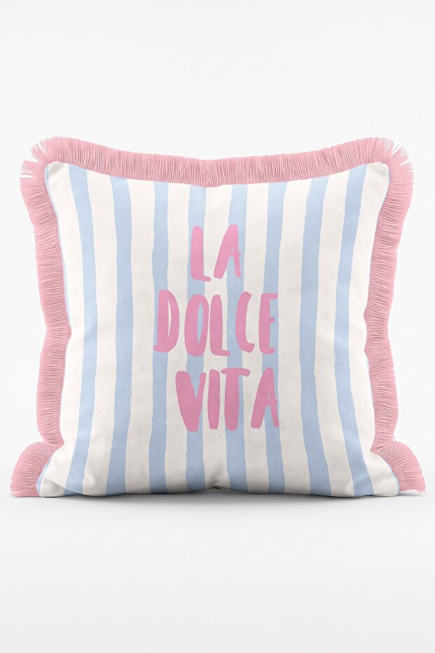 Riviera Dolce La Dolce Vita Written Blue Striped Tasseled Decorative Throw Pillow Cover