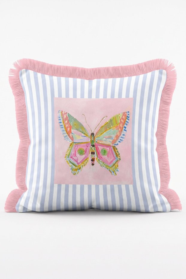 Butterfly Patterned Pink Blue Striped Decorative Throw Pillow Cover with Tassels