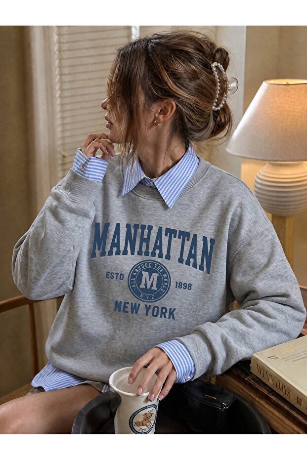 Women's Manhattan Gray Printed Oversize Crew Neck Sweatshirt