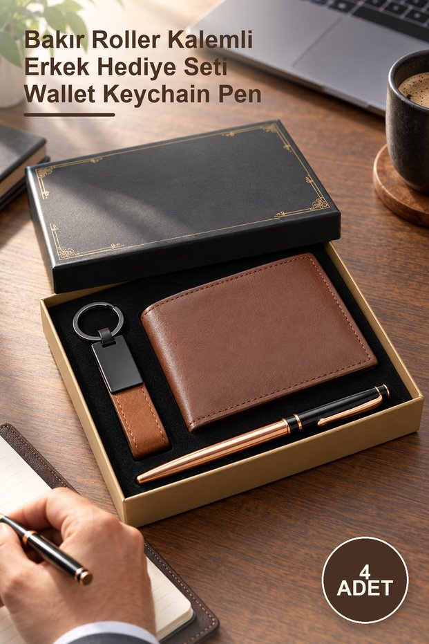4 Pieces Tan Faux Leather Wallet and Keychain Set – Men's Gift Set with Copper Roller Pen Wallet Keychain Pen