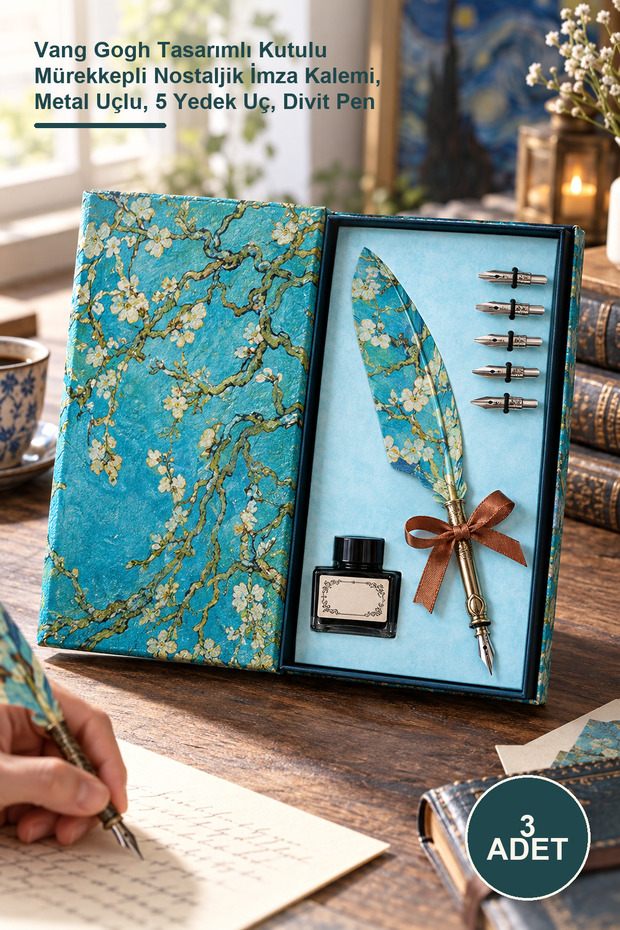 3-Piece Feather Dip Pen Set – Vang Gogh Designed Boxed Nostalgic Signature Pen with Ink, Metal Tip, 5 Replacement Nibs, Dip Pen