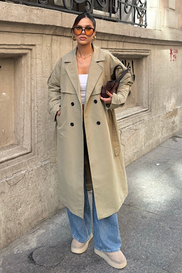 Women's Khaki Double-Breasted Collar Belted Long Trench Coat