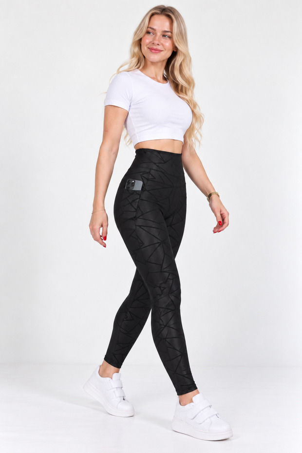 Women's High Waist Gathering Black Patterned Sports Leggings with Side Pockets