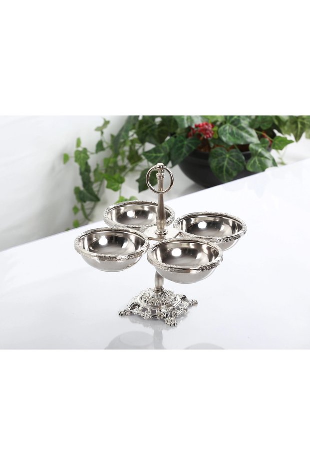 Four-Compartment Metal Frame Standing Snack Bowl Silver