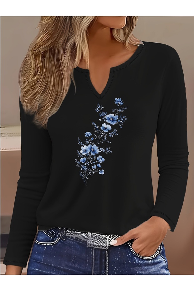 Women's Cotton Blue Floral Pattern Printed Long Sleeve Half V-Neck Full Fit Lycra T-Shirt