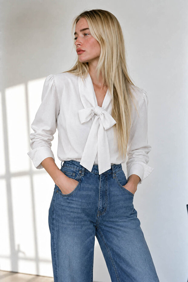 White Scarf Collar Shirt