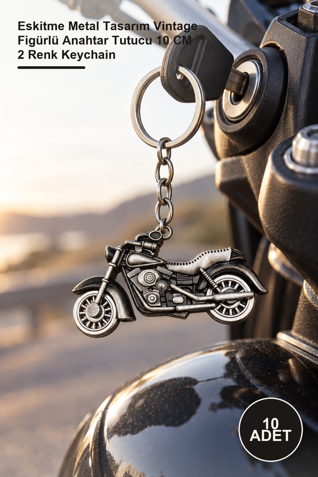 10 Pieces of Motor Keychains – Antique Metal Design Key Holder with Vintage Figures 10 cm 2 Colors Keychain