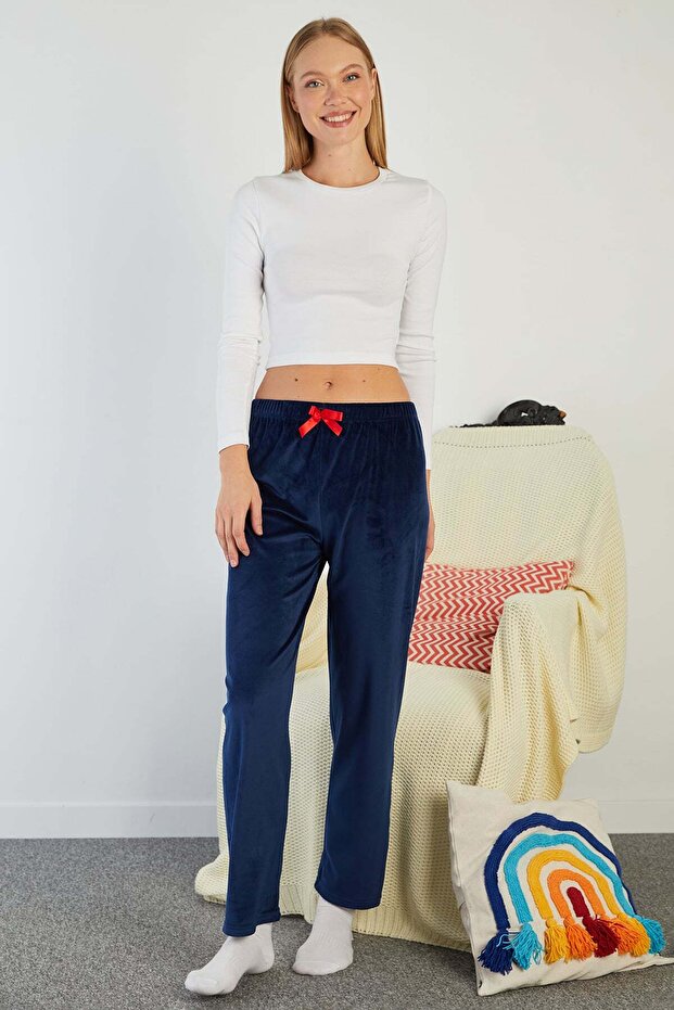 Velvet Pajama Bottoms with Bow and Elastic Waistband