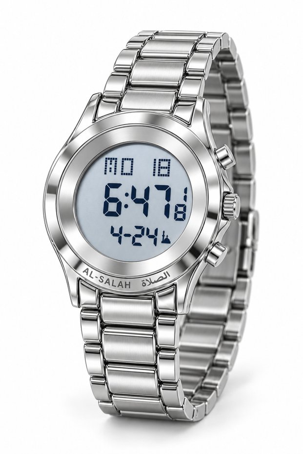 AL-SALAH Digital Islamic Wristwatch for Men – Gold-Tone Metal Bracelet, Round LCD Display, Day & Date Display, Side Control Buttons & Butterfly Clasp