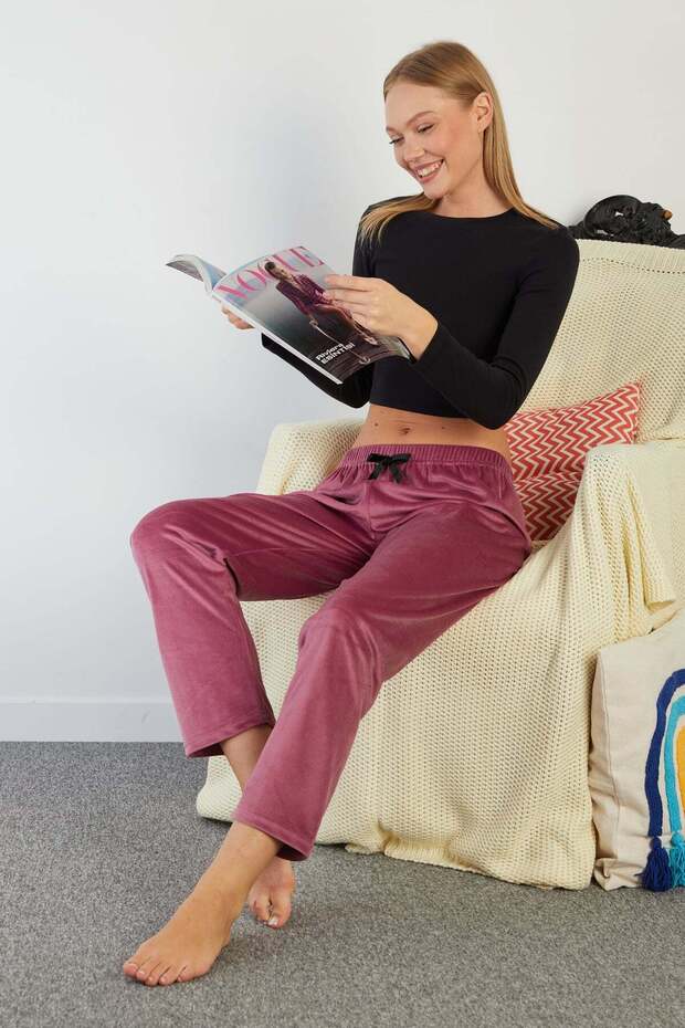 Velvet Pajama Bottoms with Bow and Elastic Waistband