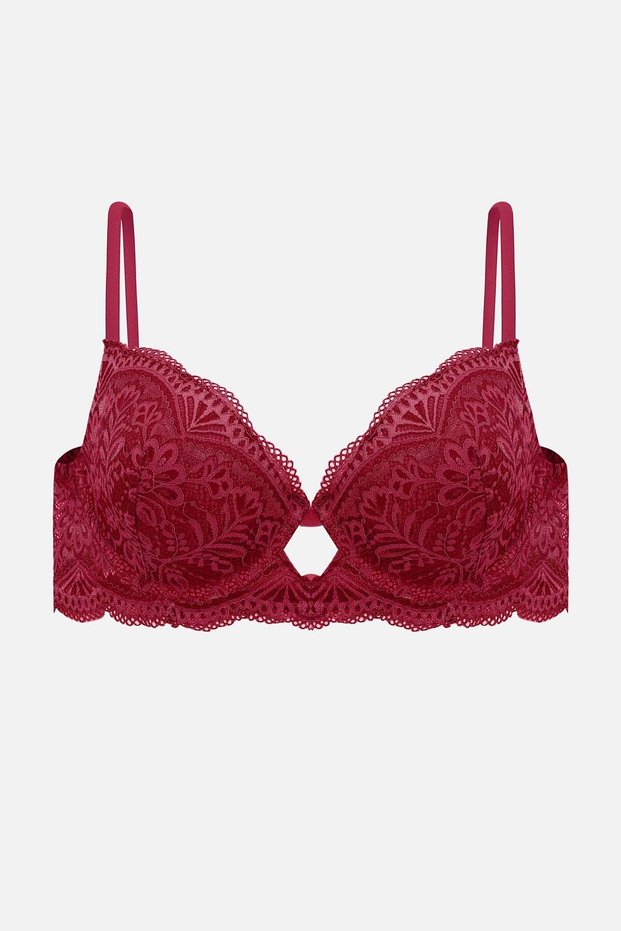 2451 Rubber Strip Detailed Push up Ruched Low-Cut Bra Cherry Color