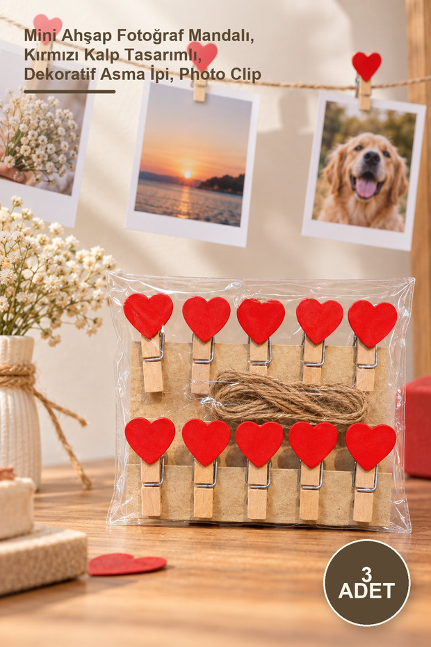 3 Heart-Shaped Decorative Pegs – Mini Wooden Photo Pegs, Red Heart Design, Decorative Hanging Rope, Photo Clip