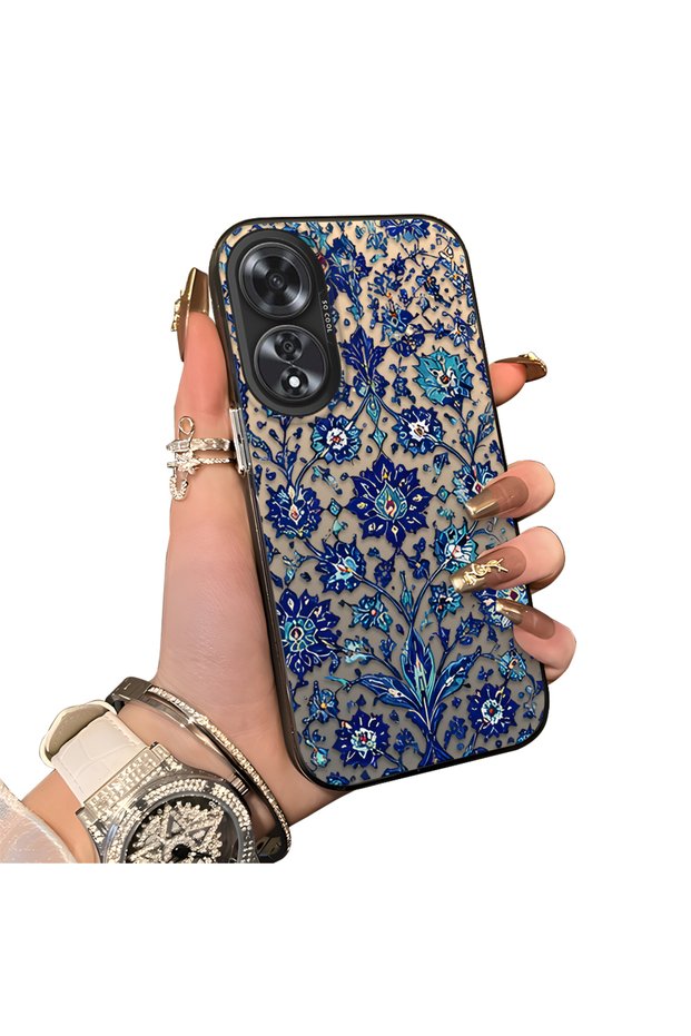Oppo A60 Compatible Silicone Edge Hard Back Case Phone Case with Iznik Porcelain Pattern