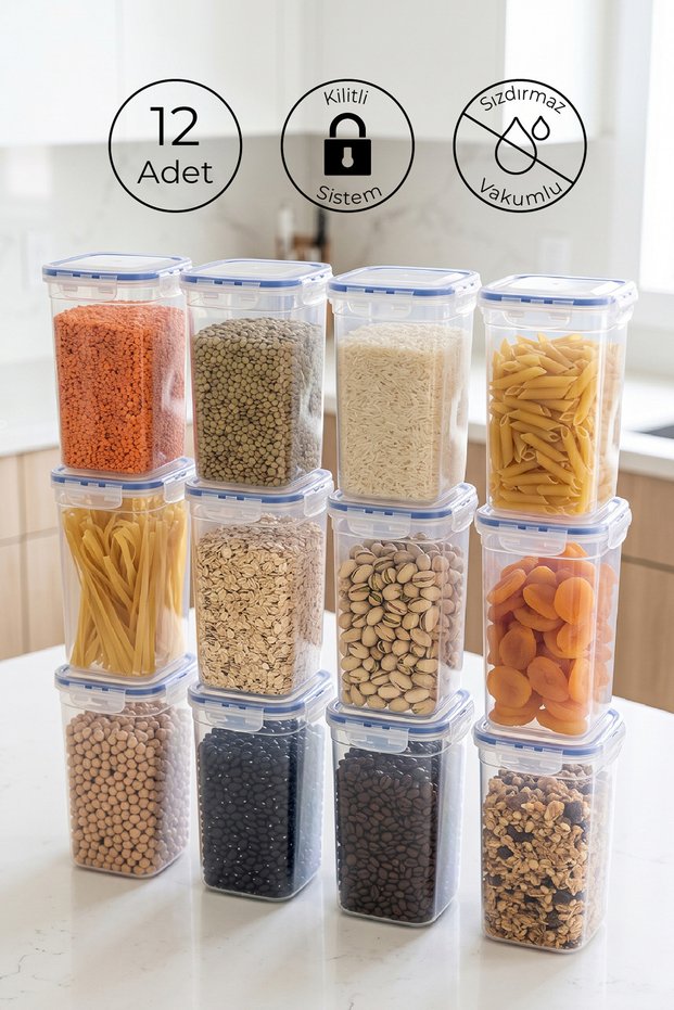 Set of 12 Square Vacuum Storage Containers with Labels, 1500 ml Food Container with Lockable Lid