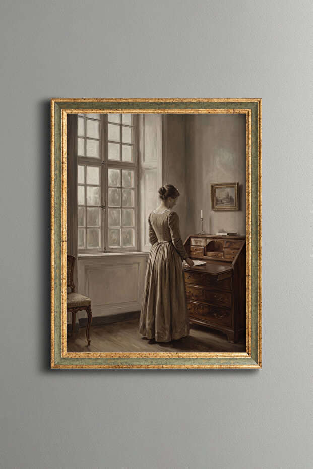 Woman at the Desk Beside the Window - Vintage Patterned Painting - Slim Model