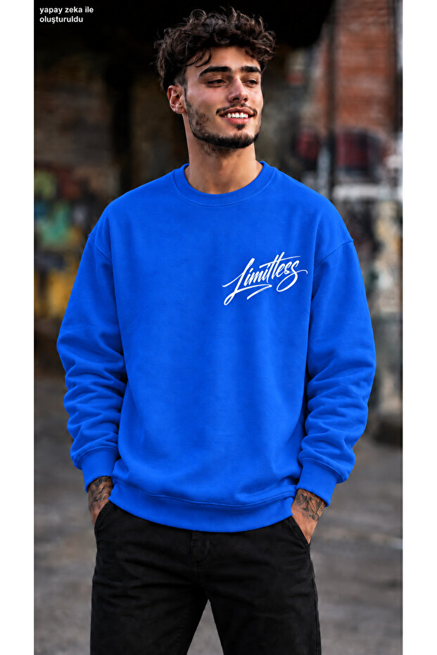 Men's Limitless Left Chest Calligraphy Printed Crew Neck Casual Regular Fit Sweatshirt
